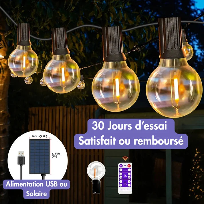 Guirlande Lumineuse Guinguette Solaire LED 7 m - 11 Ampoules G40 Blanc Chaud IP65 - Télécommande - Lumivana