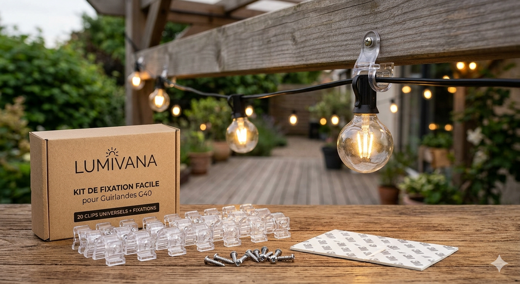 Contenu du kit de fixation Lumivana : boîte, clips transparents, vis et pastilles adhésives, avec une guirlande G40 installée sur une pergola