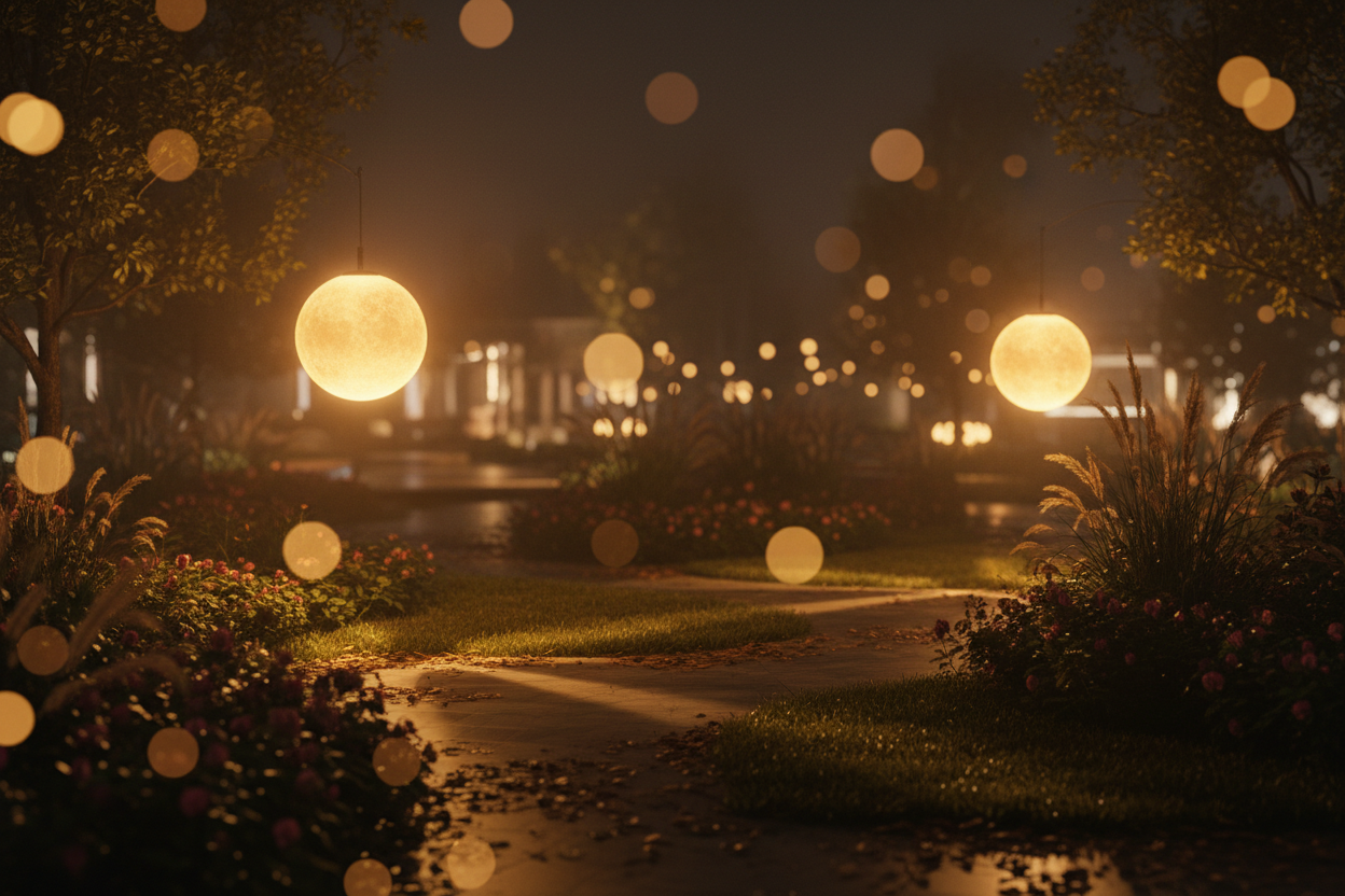 Scénographie nocturne deux points de lumière dans le jardin