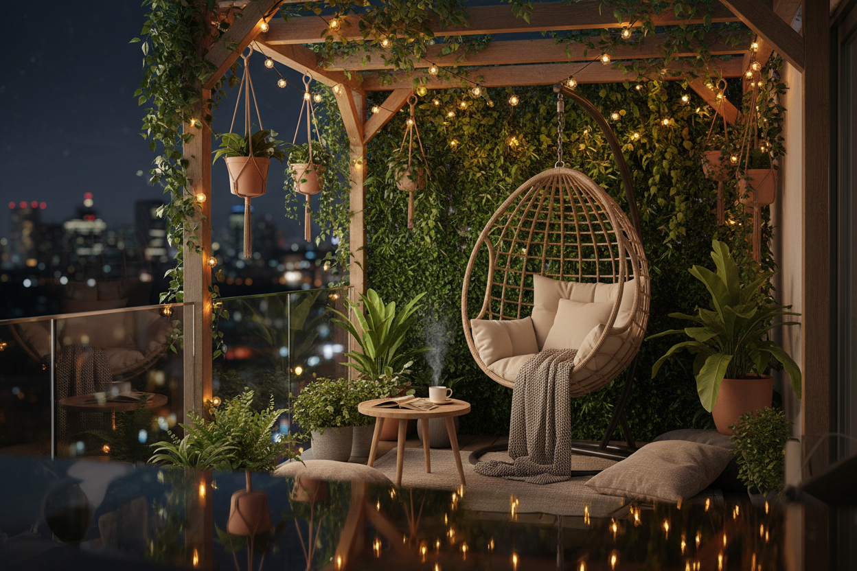 Balcon de nuit ambiance cocooning guirlande solaire