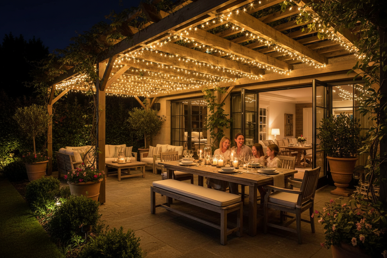 Guirlande Solaire G40 Standard sous pergola terrasse familiale