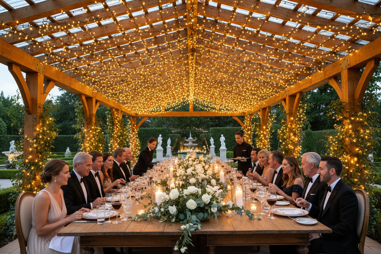 Dîner de prestige sous pergola illuminée
