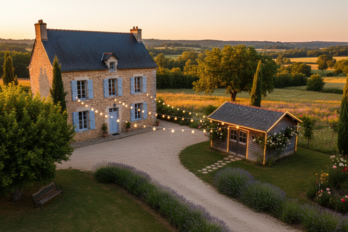 Maison de campagne avec deux guirlandes sur façade et abri jardin