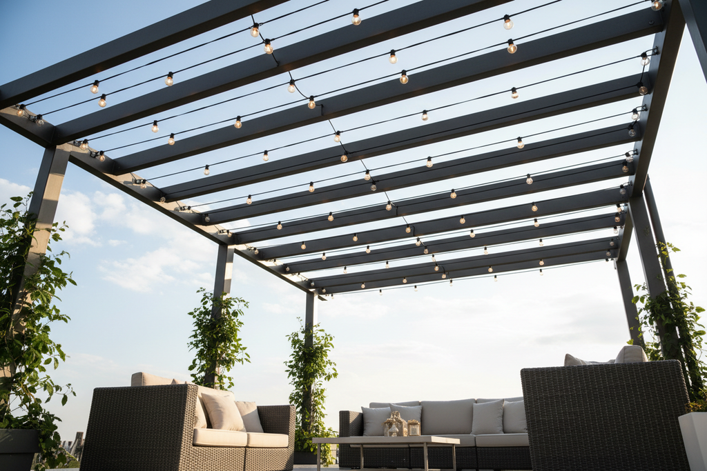 Pergola aluminium avec guirlande parfaitement tendue