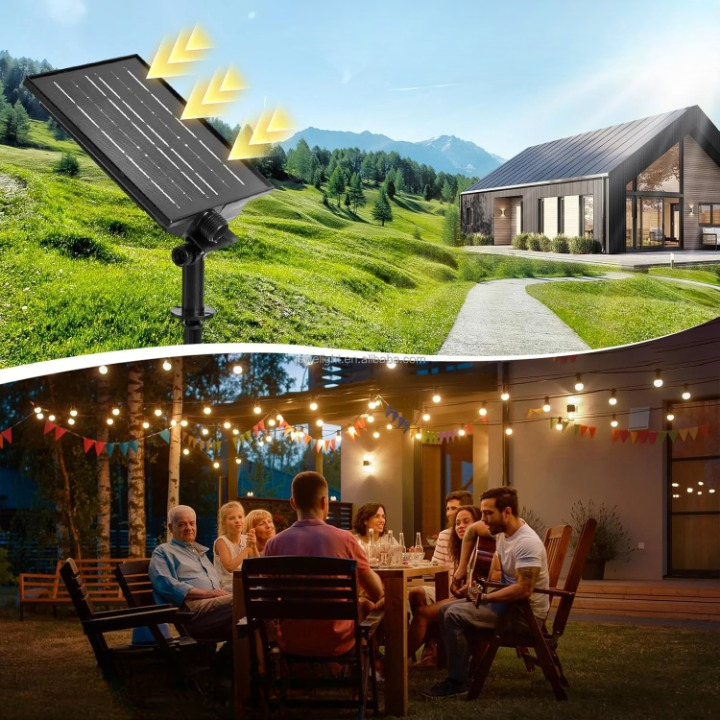 Panneau solaire de la guirlande installé au jardin et dîner en extérieur sous la guirlande G40