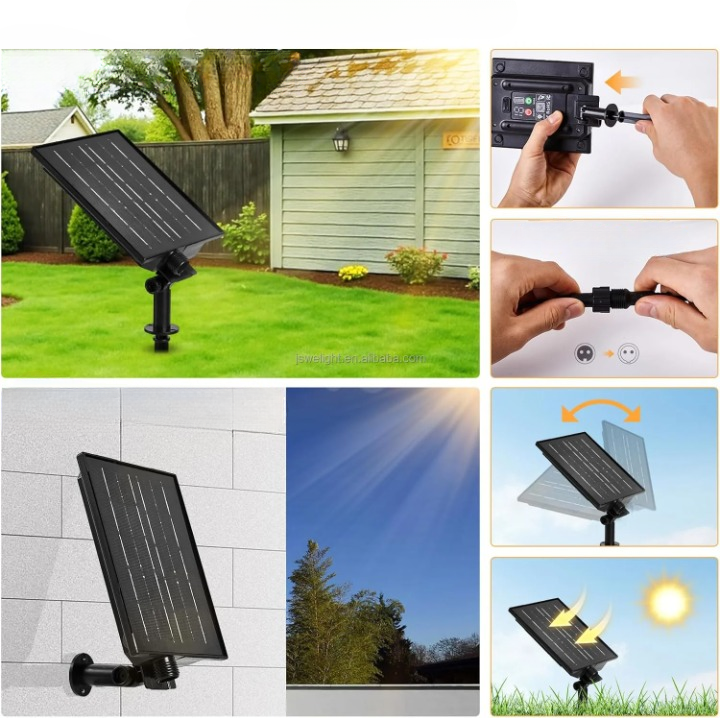 Étapes d'installation du panneau solaire : pose au jardin, raccordement et orientation vers le soleil